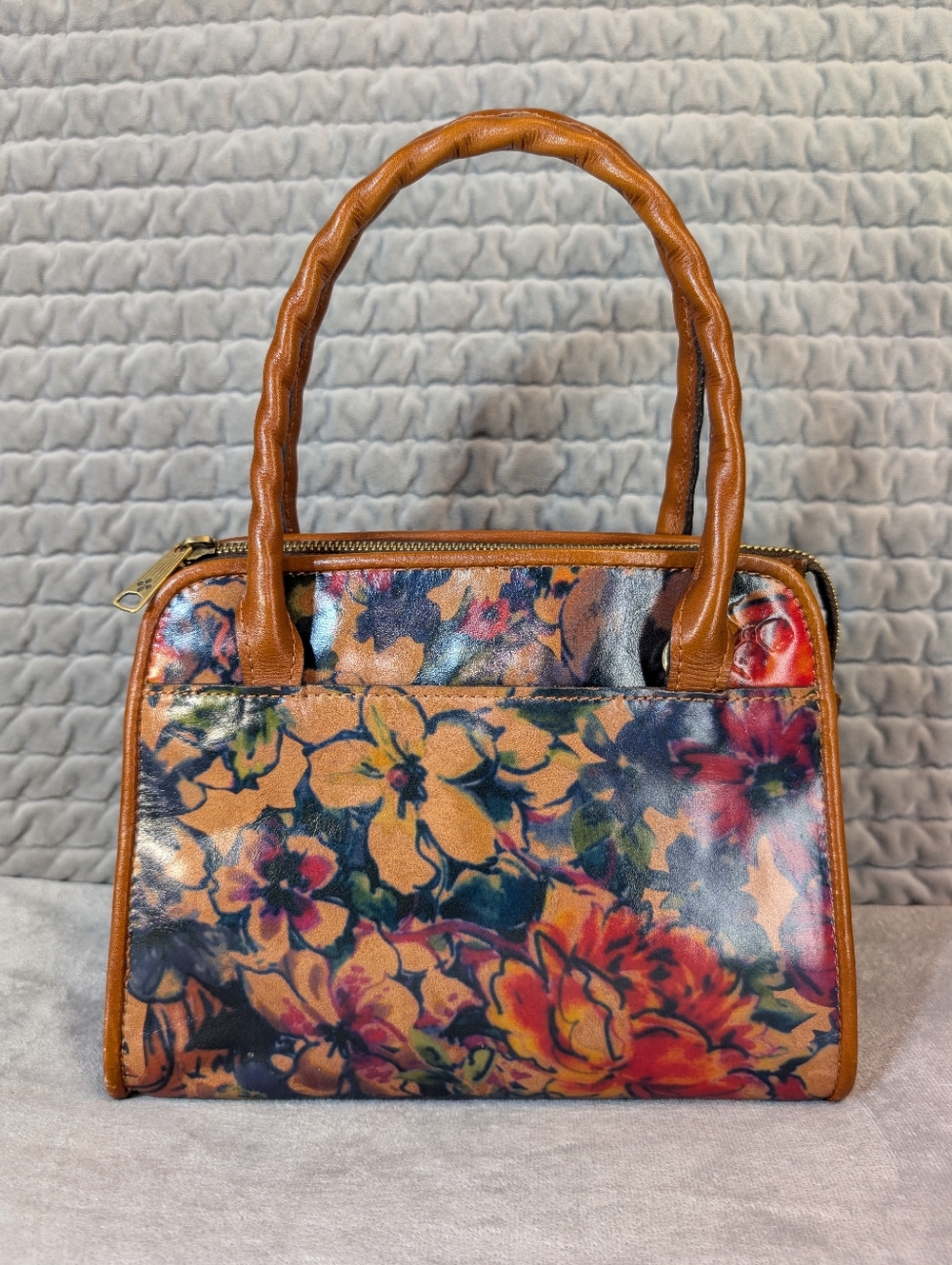 Patricia Nash Leather Satchel Summer Drawing Flowers Purse Double Top Handles
